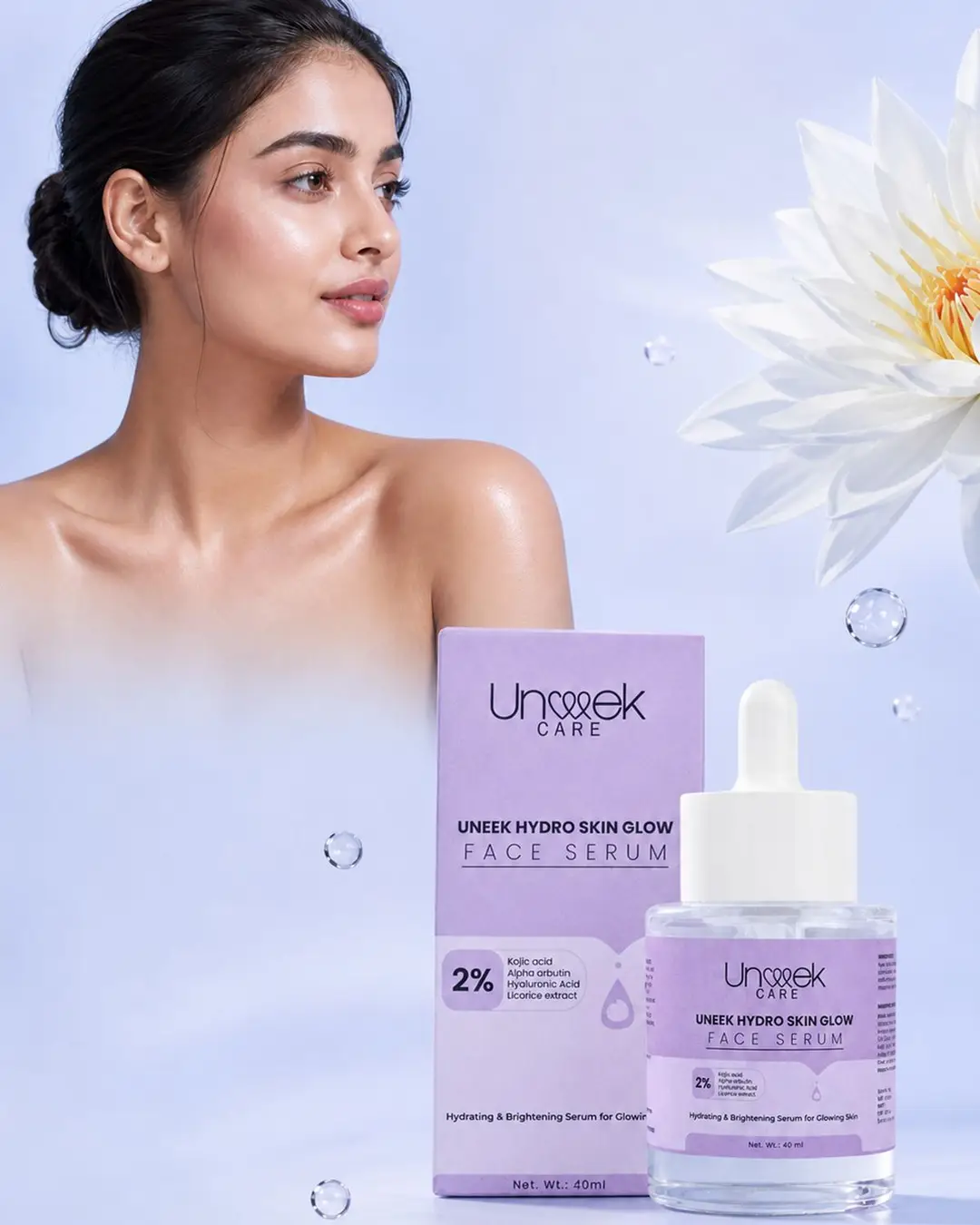 The Uneek Care Hydro Skin Glow face serum and its carton, beside a model with the product applied.